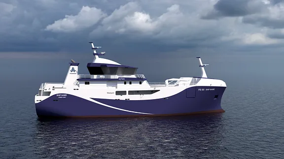 Illustration of a new longline vessel designed by Sirius Design & Integration AS for P/F Regn in the Framherji Group. The vessel will have a length of 50.3 metres and a freezer hold of 630 m³.